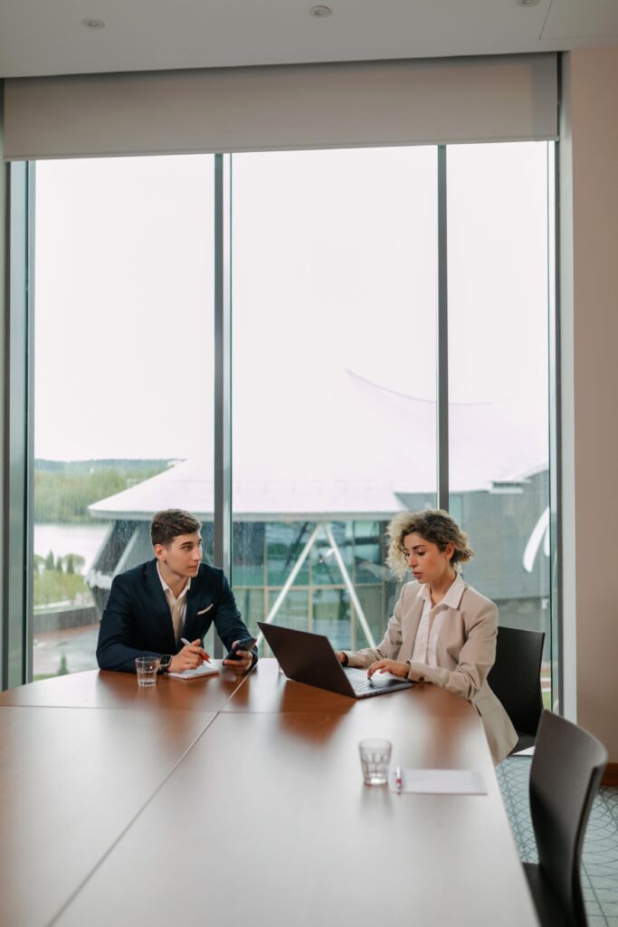 Two professionals engaged in a business meeting with laptops in a modern office setting.